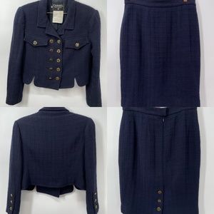 Vintage Chanel Boutique 2 Piece Size 42 Cotton Silk Navy Blue Skirt Suit